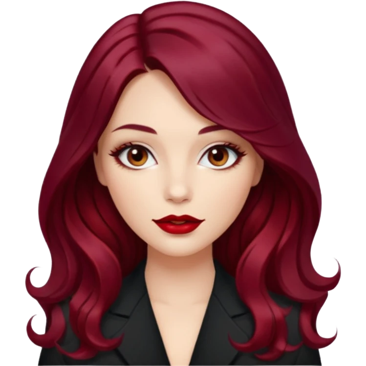 Draw a young glamorous woman with LONG dark burgandy cherry hair in a centre hair part styled slightly wavy emoji
