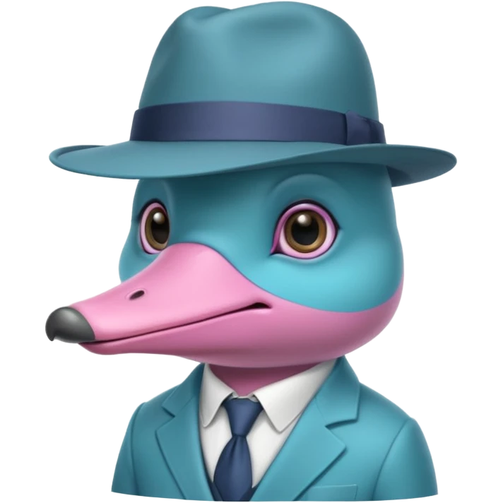 cute light blue turqiouse platypus head, mysterious with very big eyes with a detective hat, no  hands, looks like a platypus but blue, the hat and suit are pink emoji