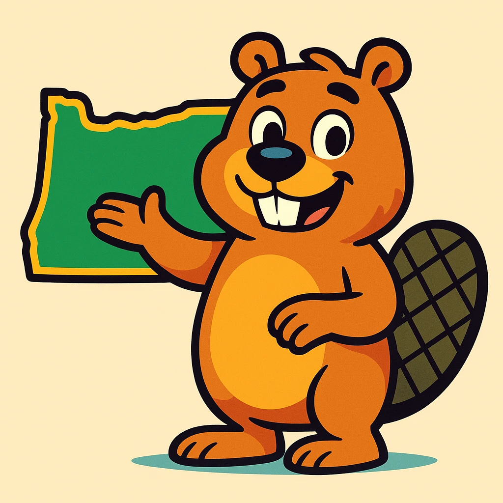 a beaver with an Oregon state outline, friendly cartoon style, vibrant toon emoji