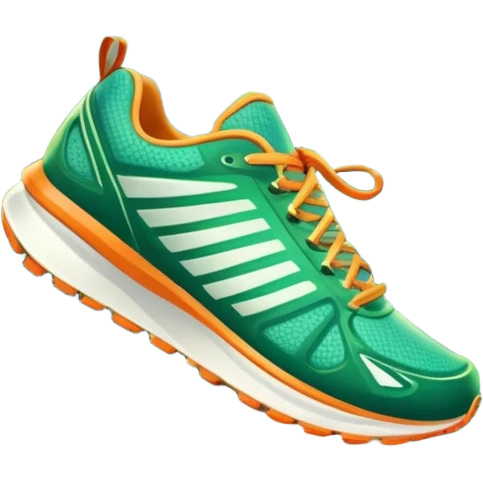 A dynamic icon featuring a pair of running shoes in motion on a scenic trail, surrounded by trees and mountains. The background shows a sunrise, symbolizing energy and passion for running. Transparent background enhances the focus on movement and the joy of outdoor jogging. emoji
