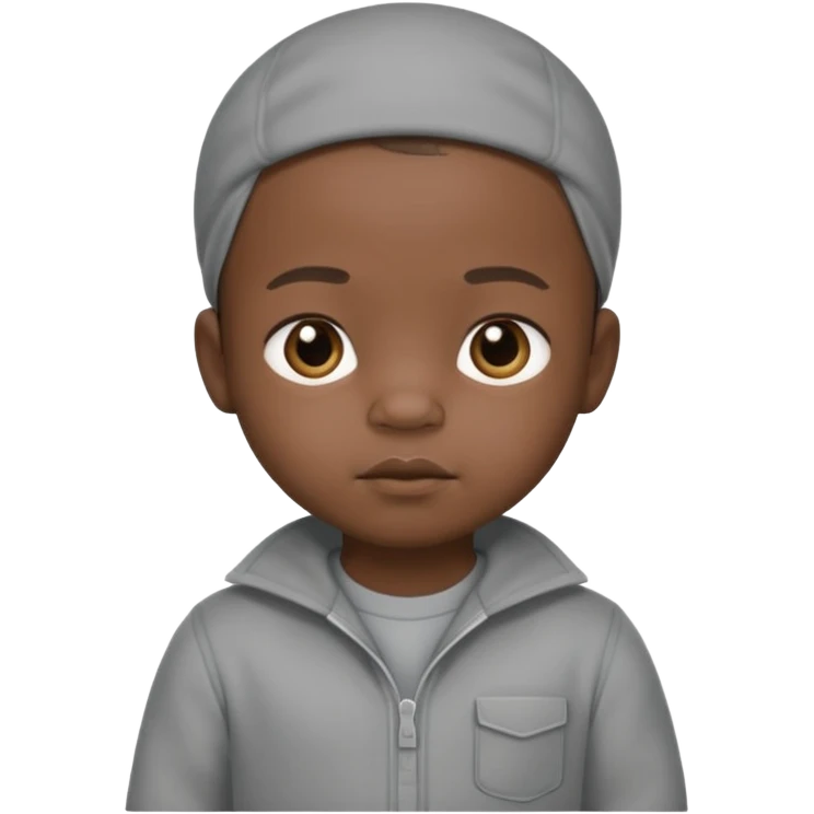 Black baby with straight face in a grey jumpsuit emoji