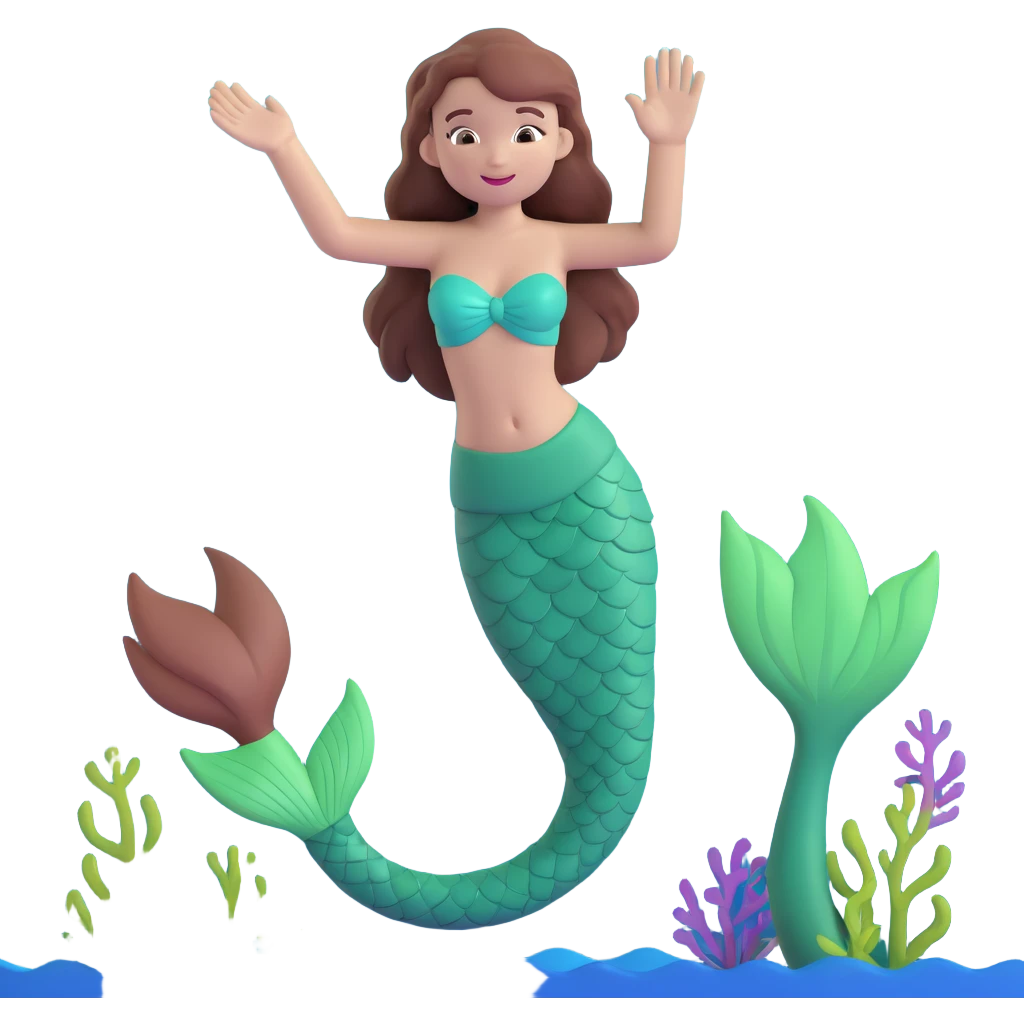 mermaid emoji with chestnut brown hair and a forest green tail, waving hand emoji