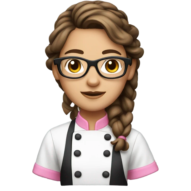 brown hair chef with black glasses and pigtail braids and a pink chef outfit emoji