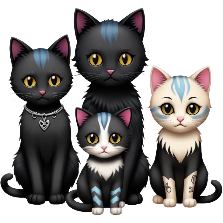 three emo cats in love with tattoos and cool hair, plus five emo kittens emoji