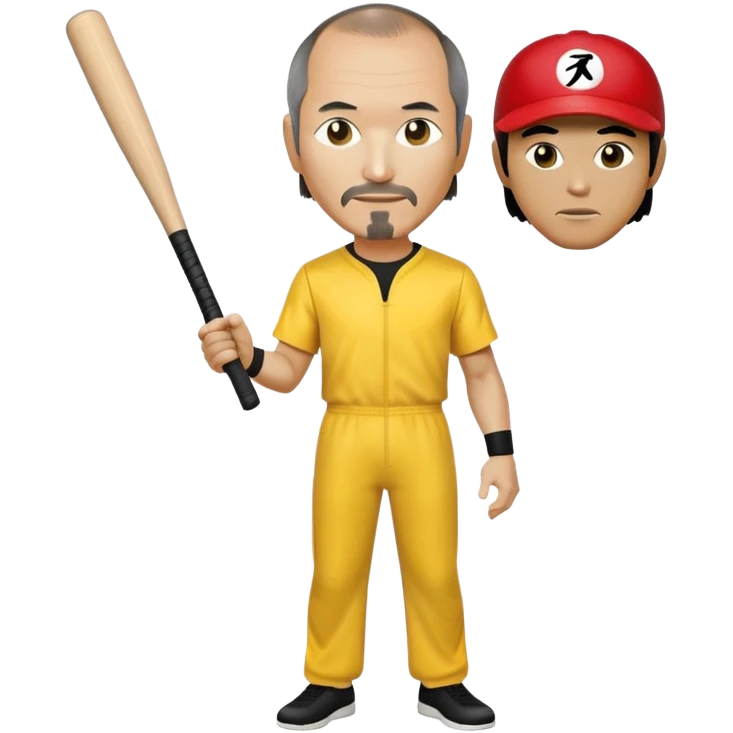 Steve Jobs wearing Bruce Lee's yellow jumpsuit, holding a baseball bat and ball emoji