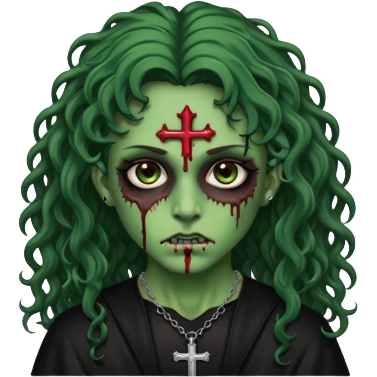 Zumbi verde com olhos castanhos aspecto de que tá sangrando, com cabelo castanho cacheado longo um piercing do lado esquerdo do nariz, roupa preta e crucifixo como colar, e também delineador  emoji