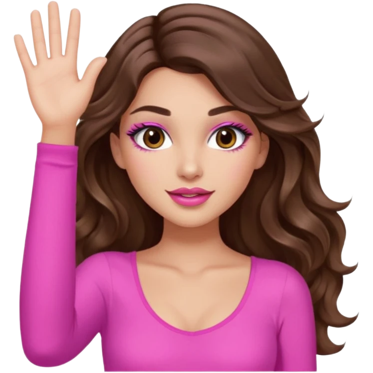girl with long wavy brown hair, brown eyes, long lashes makeup, sexy pink lips, light to medium complexion, wearing a pink sexy top, one hand in the air high emoji