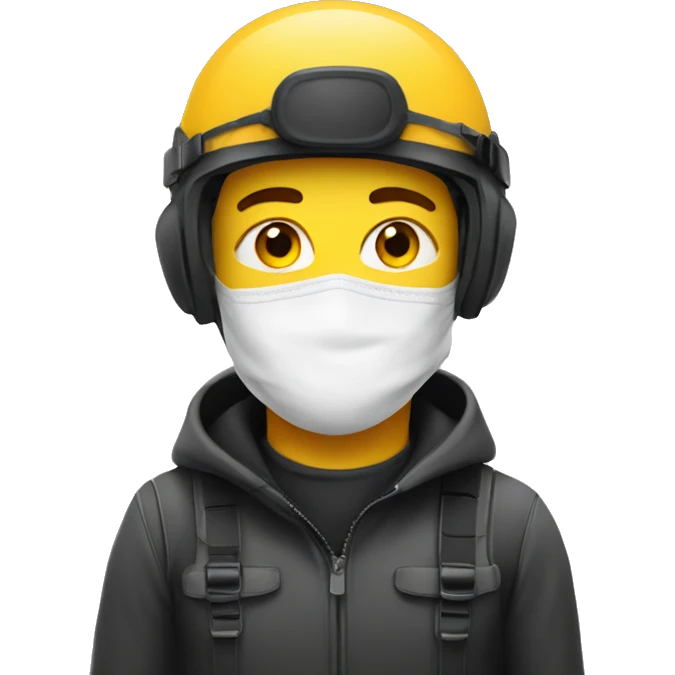 Youngman wearing safety ski mask, helmet safety and earplug emoji