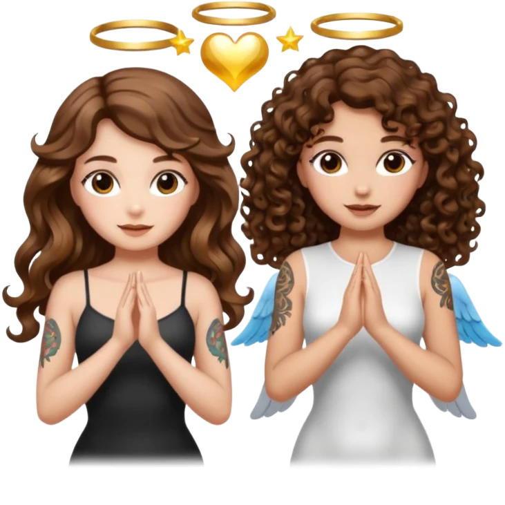 fake angel pose — long wavy brown hair tattooed woman and short tight curly brown hair woman — halo sparkle emoji