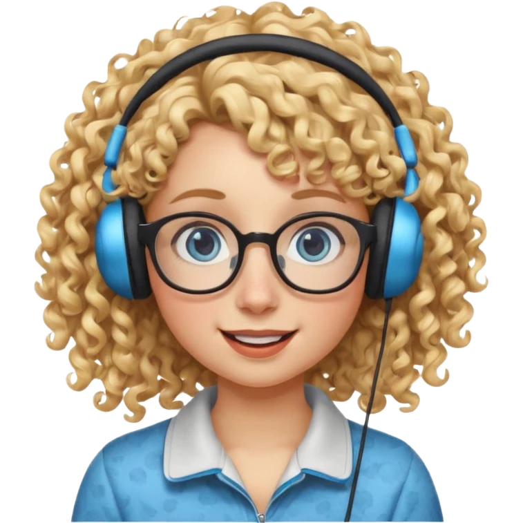 blond kid with unique face features and very curly hair kid girl happy and big glasess and big nose and very blue eyes with freckles kind of nerd looking and headphone wearing emoji