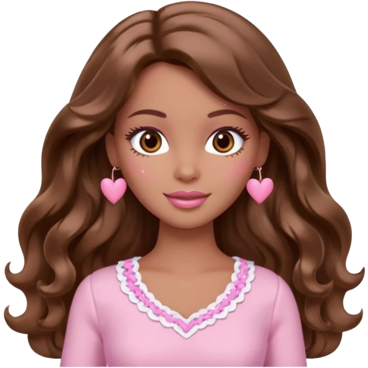 Barbie girl brown long wavy hair and brown eyes is In pale pink clothes There are pink hearts all around emoji