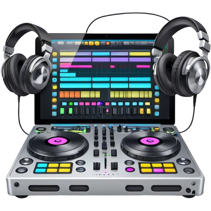 Create a professional and technical emoji that represents remixing music. The design should feature a high-end DJ controller, turntables with vinyl records, and a sound mixing console with faders to symbolize the technical aspects of remixing. Include elements like studio headphones and a laptop or digital audio workstation (DAW) screen to reflect the tools used in music production. Use colors like black, silver, and neon accents to convey the professional, high-tech nature of remixing. The background should be transparent. emoji