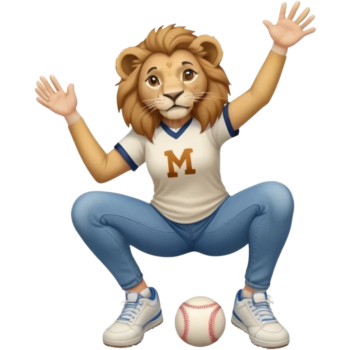 friendly anthropomorphised female lion wearing a baseball shirt, jeans, and trainers, in a squat position, lifting something up emoji