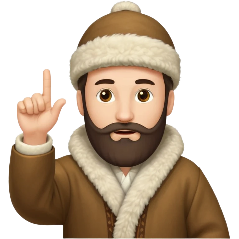 Create an emoji-style illustration of a Caucasian man from the Caucasus region, wearing a traditional woolen papakha hat and a robe made of sheepskin. He has a thick beard and is pointing one finger upward. The style should be simple and expressive, like an emoji. emoji