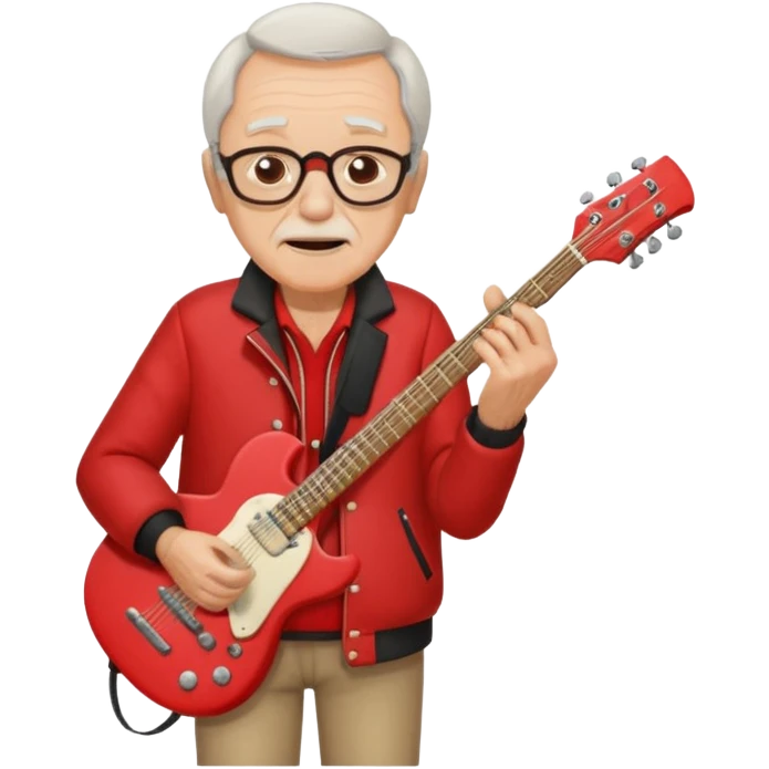 guitar rock player, elderly head, red jacket emoji