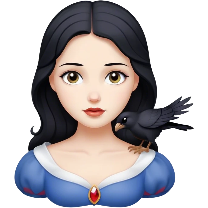 Cinematic Serene Snow White Portrait Emoji, rendered in a simplified vector style. Depict a gentle Snow White (chest and above) with flawless porcelain skin and flowing raven hair, her kind eyes and calm expression exuding a quiet, enchanting charm. The image glows softly with an inviting, pure light and is outlined with a subtle glow. emoji