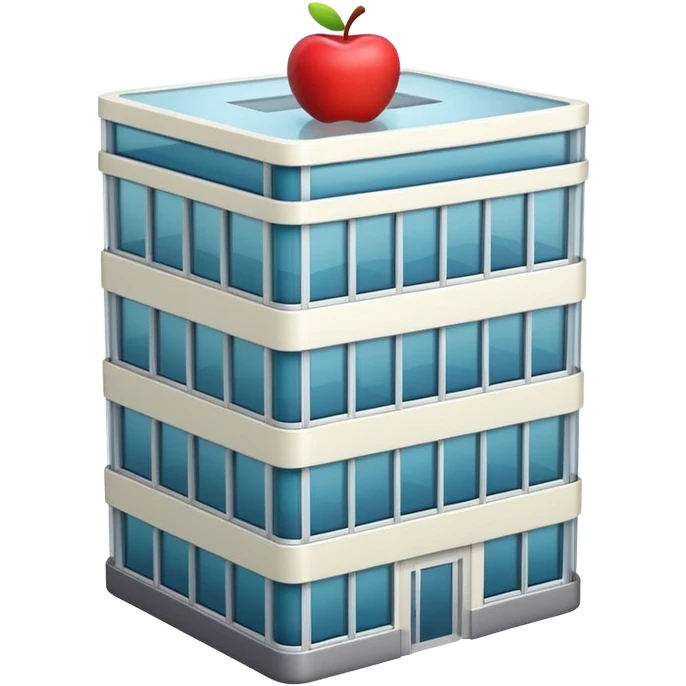 3D emoji-style icon of a compact office building, people visible through glass, Apple iOS style, soft lighting, glossy finish, white background emoji