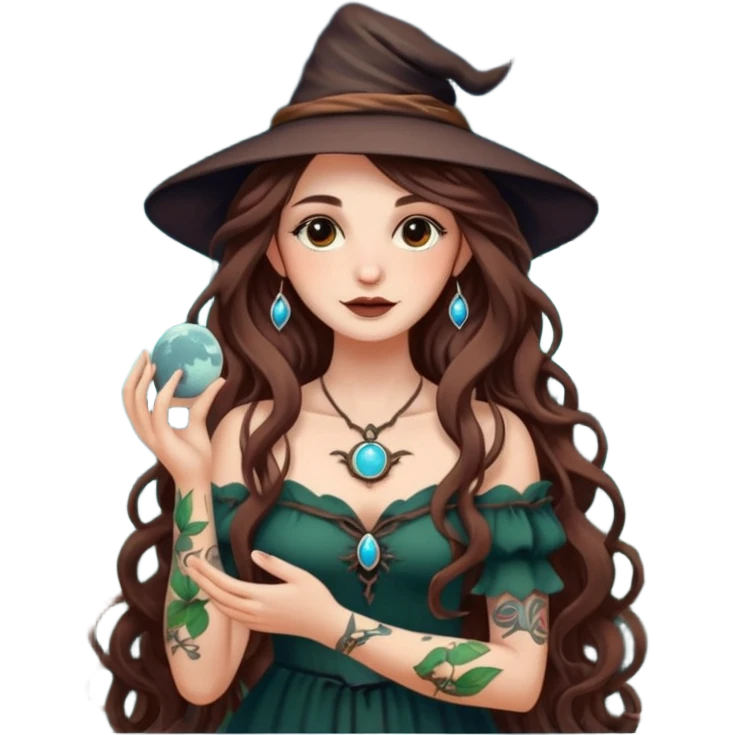 cute forest witch woman long wavy brown hair tattoos holding tiny moon emoji