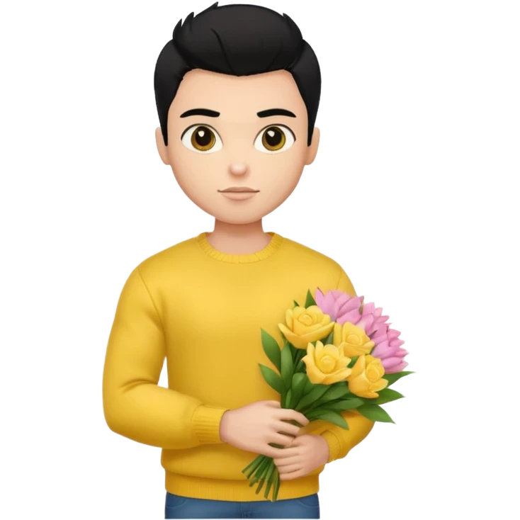 a pretty bratz guy carrying a bouquet and a yellow sweater. Muscled. black hair emoji