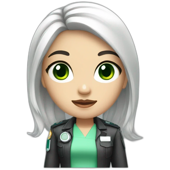 a medic girl with cream, shoulder-length black hair, with accessories, green eyes emoji