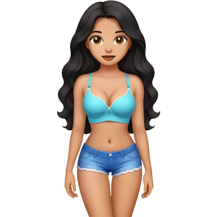 Garota emoji sexy, corpo bonito, cabelo preto longo ondulado, morena clara, sutiã e short curto,  emoji