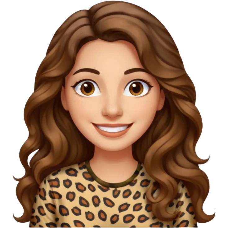 30 yr old italian woman, long brown wavy hair, big brown eyes, huge smile, animal print shirt, no bangs,  emoji