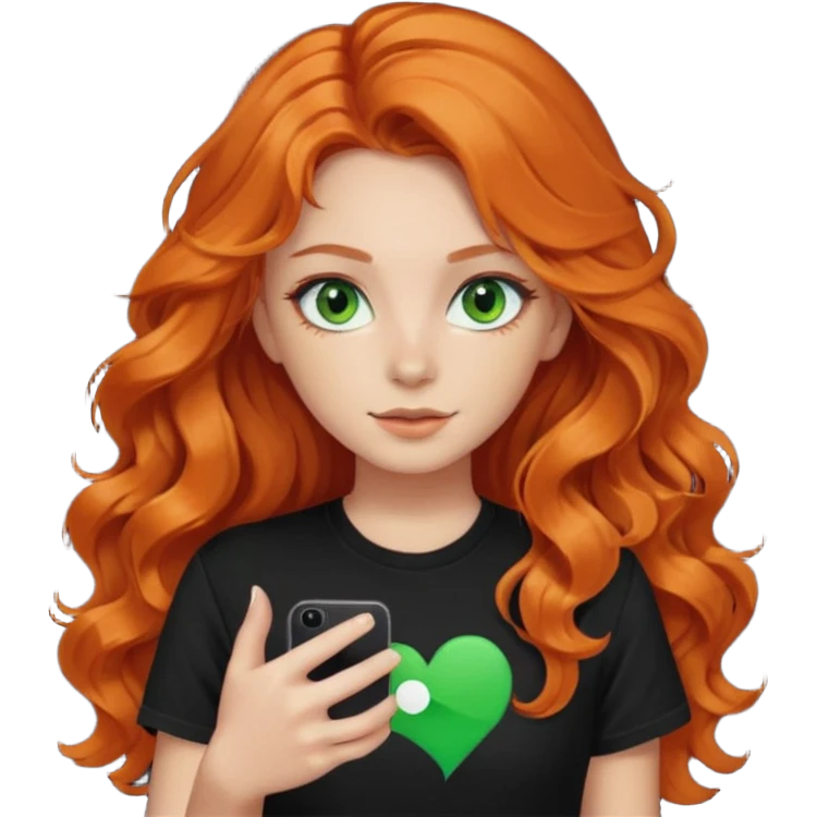 Girl with dark long orange wavy hair, green eyes, and black t-shirt with tiktok on hand emoji