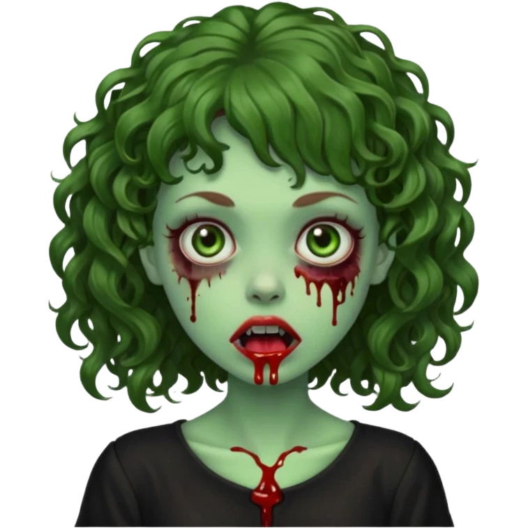 Green zombie emoji girl with curly Brown hair, with curly bangs, wearing a black bluse, blood Just in the tongue emoji