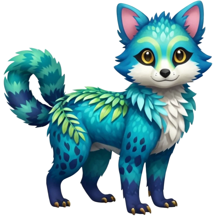 Colorful tropical exotic shiny beautiful fantasy-Trico-Cacomistle-oncilla-animal-Fakémon-hybrid-fursona (full body) emoji