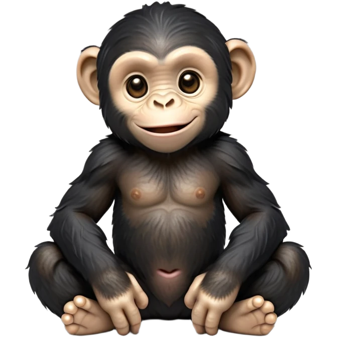 cinematic-cute chimpanzee-realistic-full-body-sitting-emoji,-long-powerful-arms-resting-on-its-knees,-expressive-dark-eyes-filled-with-intelligence-and-curiosity,-coarse-black-fur-textured-and-detailed,-softly-wrinkled-face-hinting-at-a-mischievous-smile,-slightly-open-mouth-showing-a-glimpse-of-teeth,-simplified-yet-realistic-focused-features,-highly-detailed,-glowing-with-a-warm-jungle-light

 emoji
