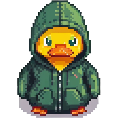 dark green rubber duck with tiny hoodie, hacker emoji