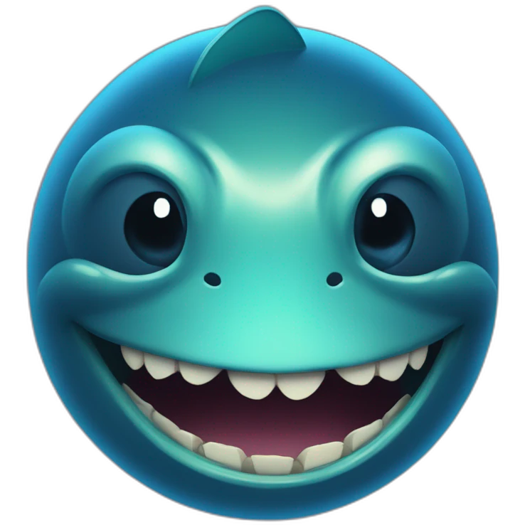 dark blue magic fat thing with a cyen face and a cyan fish fin and a big open mouth emoji