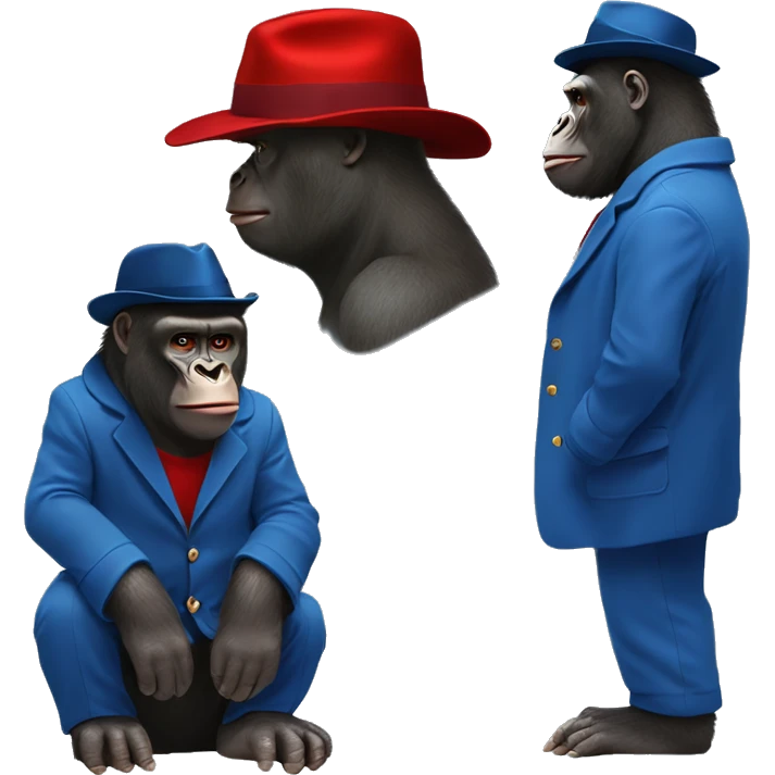 gorilla in paddington bear's  blue overcoat clothes and red hat, full body musular  emoji
