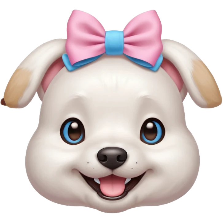 a cute white dog wearing a pink blue pastel bow on his head while he smiles excitedly emoji