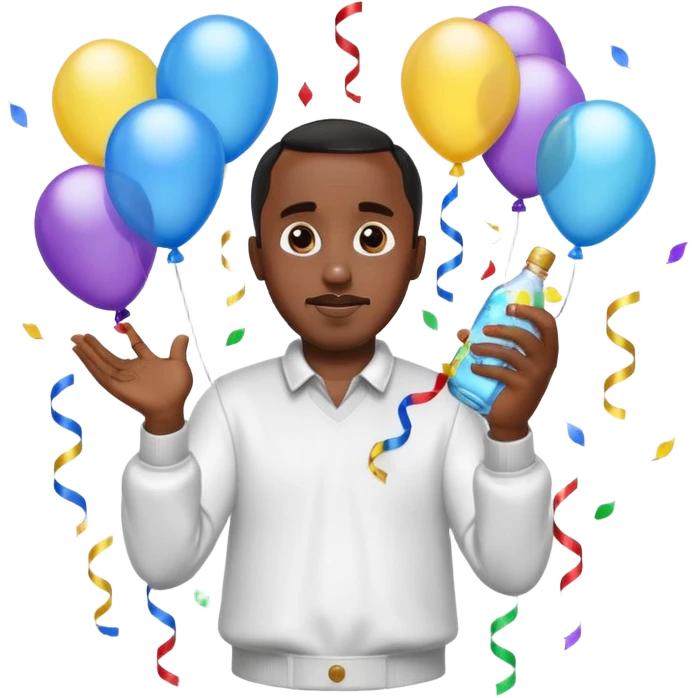 Diddy holding baby oil at a party with balloons and confetti and banners oiled up emoji