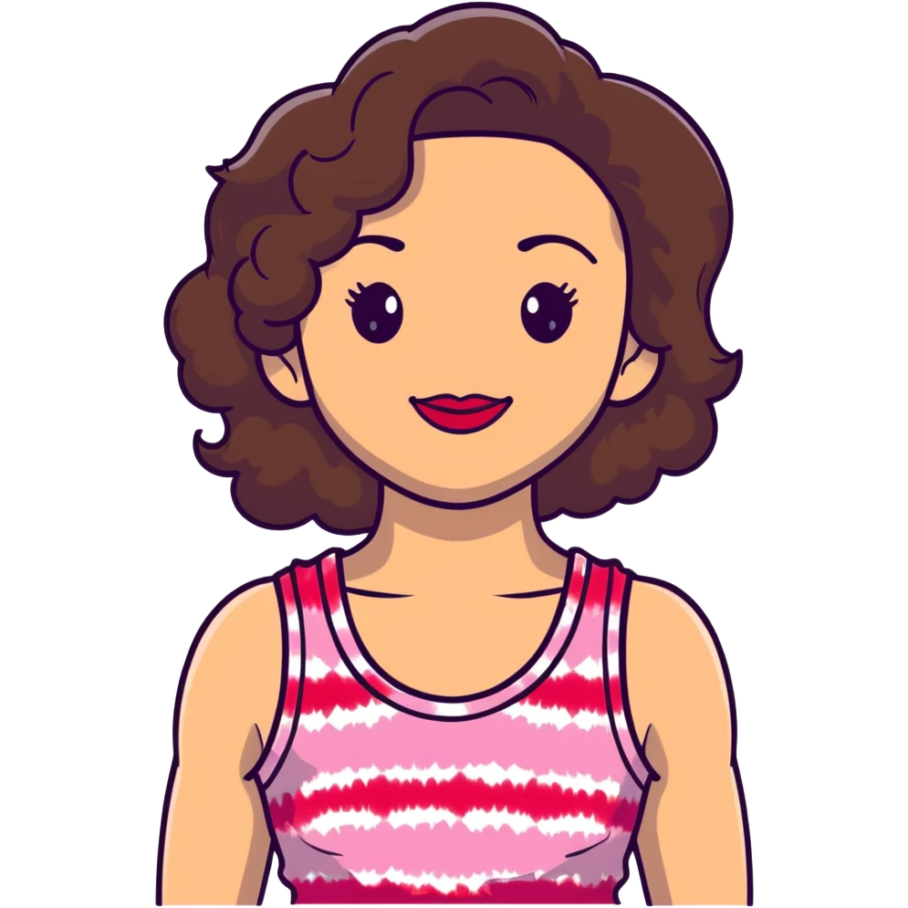 Artistic woman with fair skin, elongated face, abundant dark brown curly hair, large expressive almond brown eyes, full lips with soft red lipstick, wearing pink tie-dye tank top, maternal welcoming smile emoji