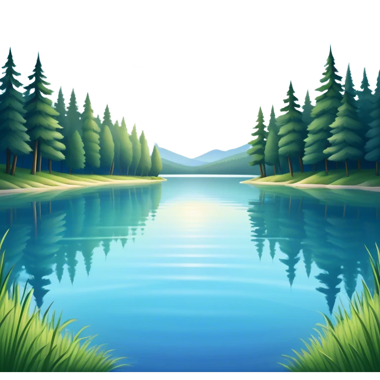 Cinematic Realistic Lake Emoji, Calm and reflective, with clear blue waters mirroring the surrounding landscape, framed by tall trees and grassy shores. The sunlight sparkles on the water’s surface while birds and animals play at the edge. Soft glowing outline, capturing the essence of peaceful serenity in a tranquil lake. emoji