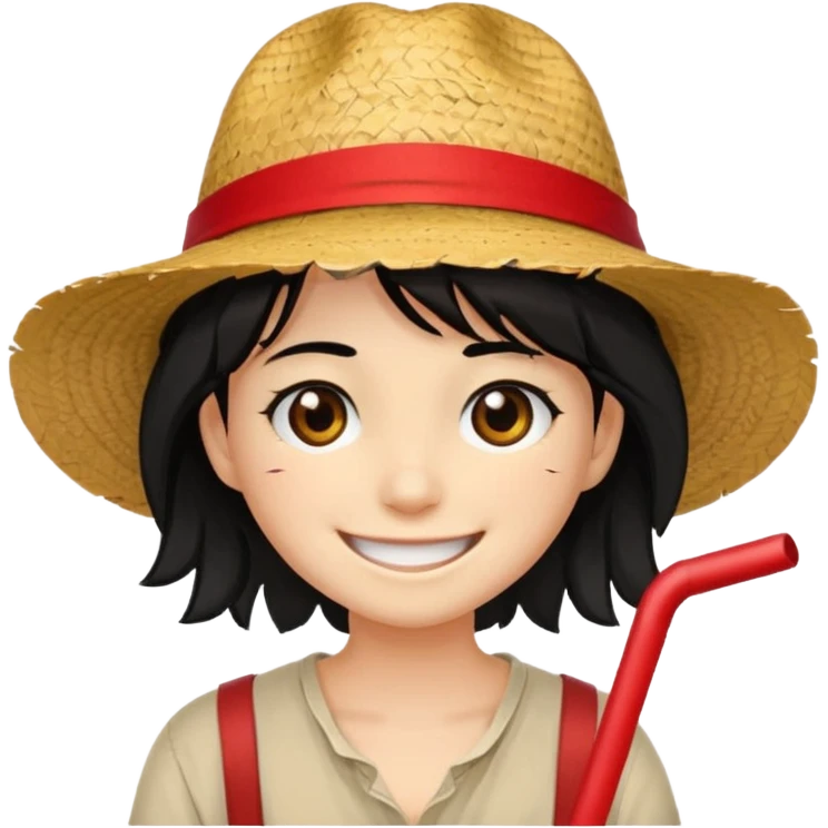 Un personnage avec la peau beige une cicatrice sous l'oeil des cheveux noirs en bataille et un chapeau de paille avec une bande rouge il arbore un grand sourire emoji