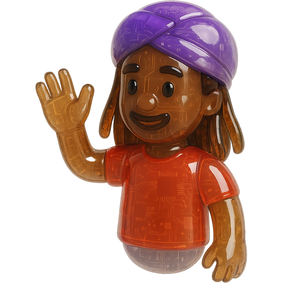 Brownskin man with long brown dreadlocks 
red t-shirt 
purple turban 
expression is waving hello emoji