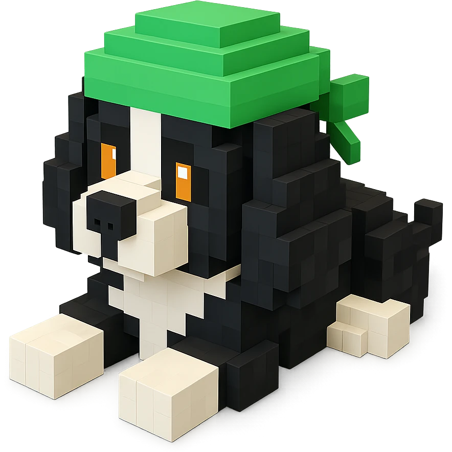 A black and white Russian Cocker Spaniel puppy wearing a green durag, voxel style, lying down emoji