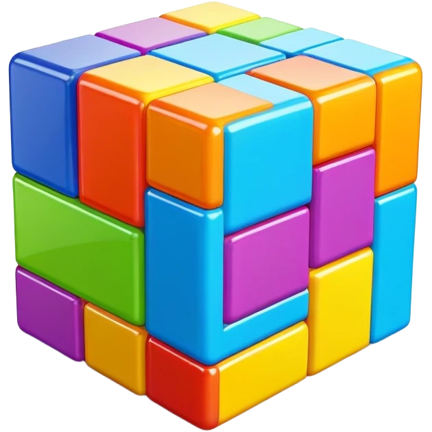 A 3D Tetris-style cube block with a smooth, glossy surface. Bright and vibrant colors, slightly reflective, with soft shadows. The cube should have a modern and playful look, resembling classic Tetris game aesthetics emoji