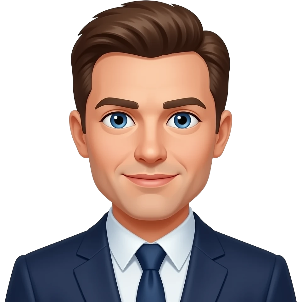 homme, cheveux châtains, yeux bleus, en costume emoji