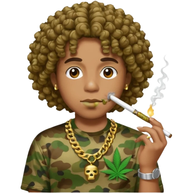 curly hair wearing bathing ape shirt smoking weed with grills emoji