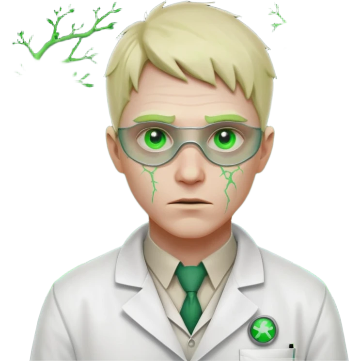 laboratory mutant portrait, head and shoulders only, glowing green veins, torn lab coat collar, mutated eyes, sci-fi experiment vibe, 3D cartoon, mobile game icon style, clean background, no text, no watermark

 emoji
