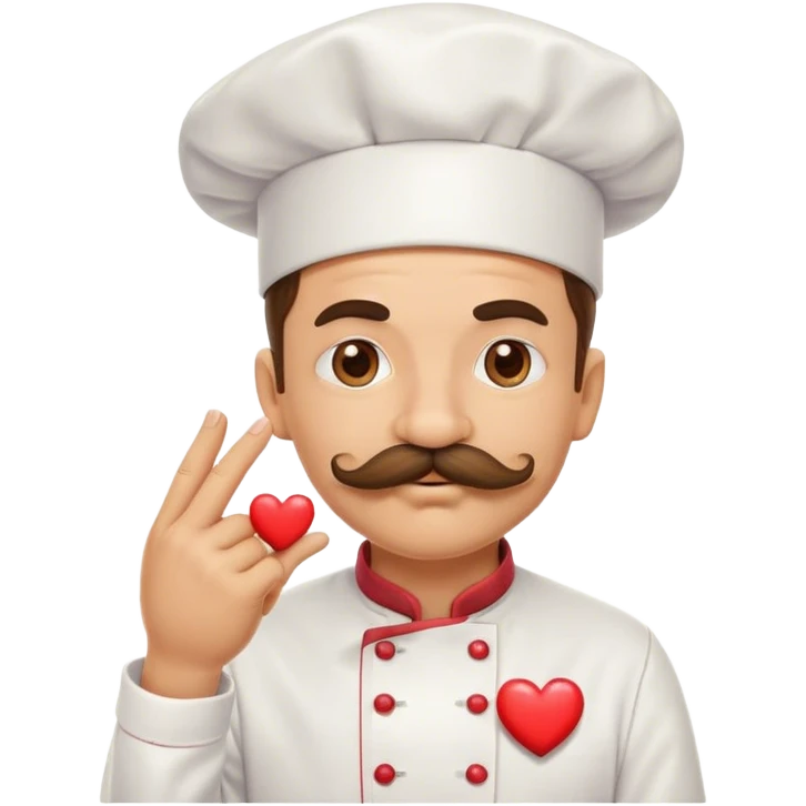Mustachioed chef giving big emoji kiss to his pinched together fingertips hand with a heart emoji emoji