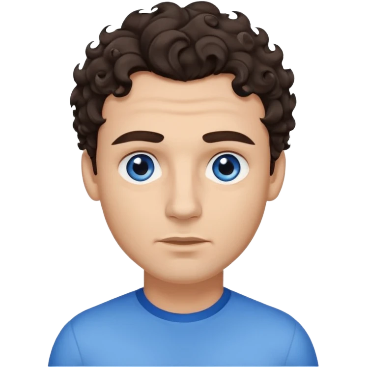 A man emoji with light skin, wavy dark brown hair styled with a curl falling on his forehead, thick dark eyebrows, striking blue eyes, a straight nose, and a clean-shaven face with a neutral expression. emoji