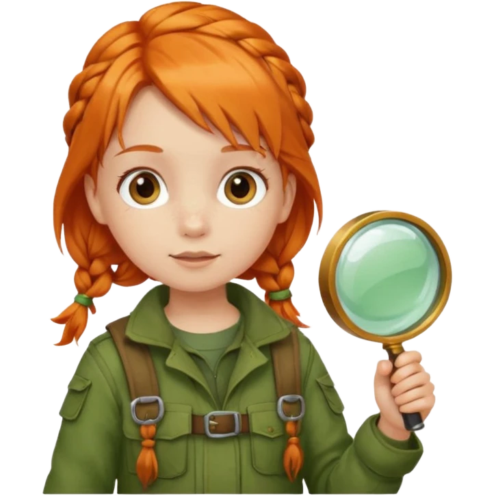 braid orange haired girl kid in moss green explorer outfit, holding magnifying glass emoji