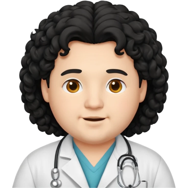 a young chubby male doctor with black long curly hair and cheerful face without gpasses emoji