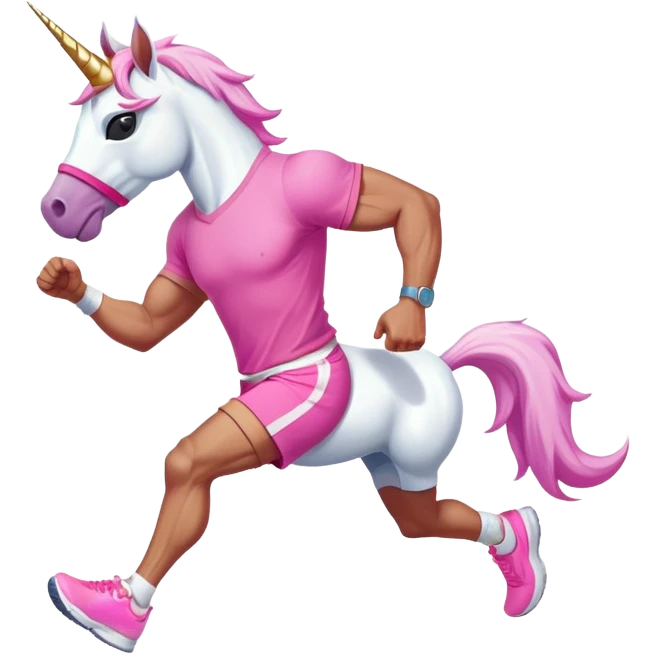 full body friendly anthropomorphised masculine unicorn with white horse-like face, muscular build, wearing pink t-shirt, shorts, trainers, dark sunglasses, running emoji