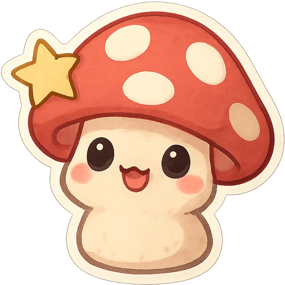 chibi sticker-style mushroom with a star accent, cute and exaggerated emoji